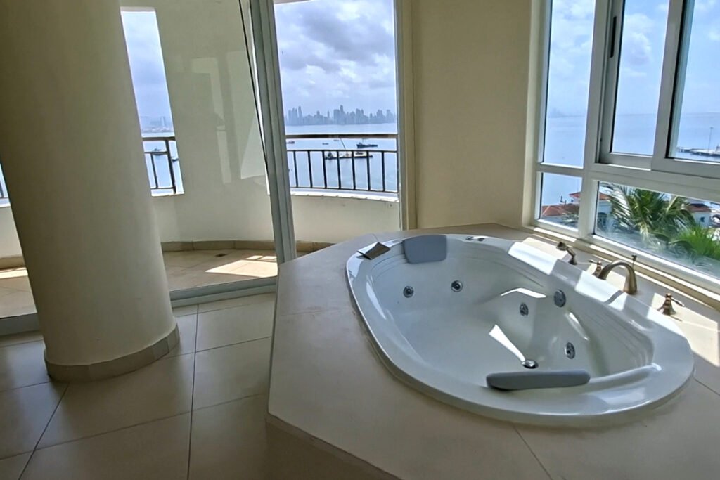 bath with city and bay view